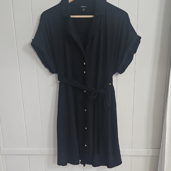 torrid Dresses & Skirts - Torrid Black Button Front Shirt Dress Tie Waist Pockets Rayon Size 00 (XS-M Fit)